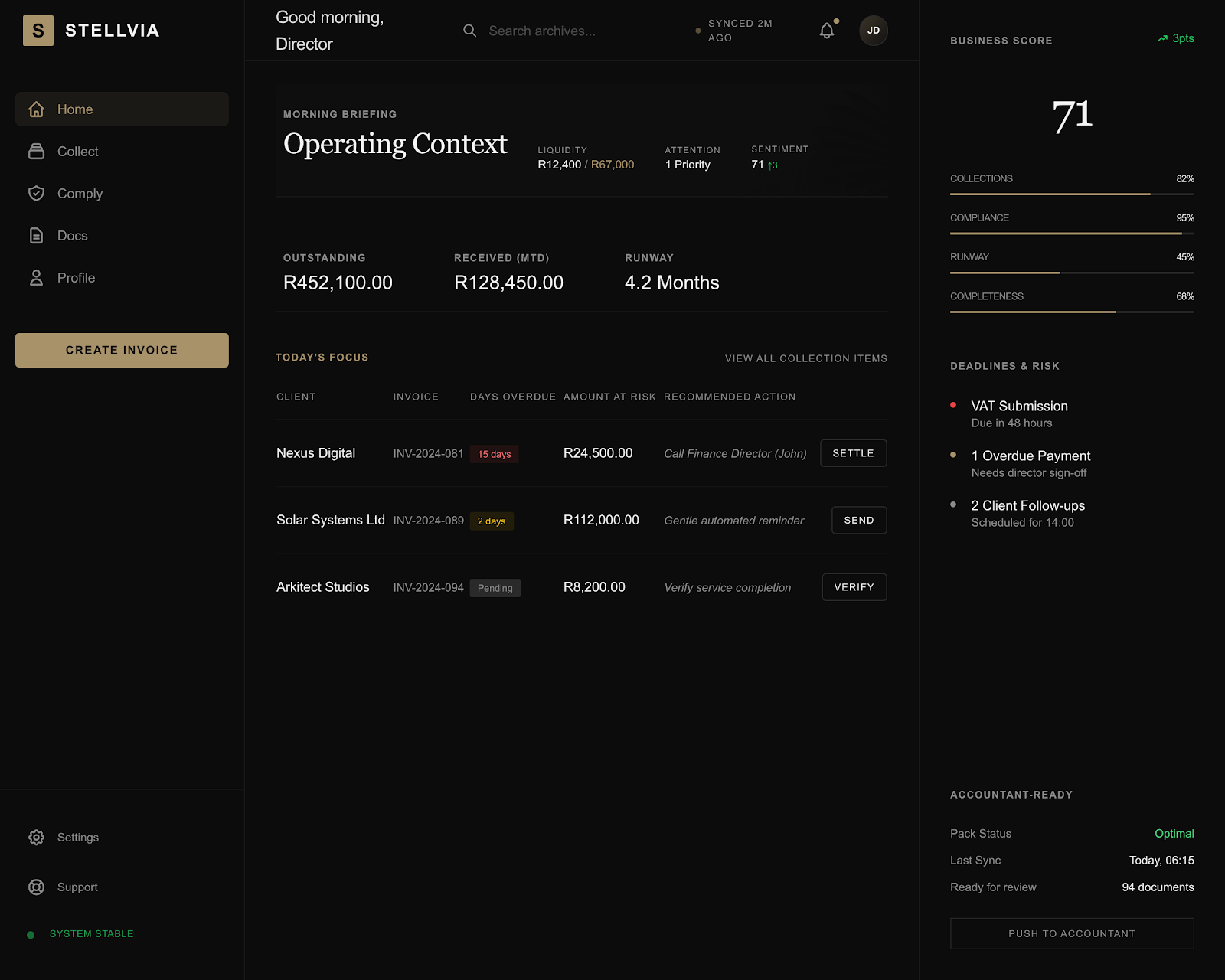 Stellvia desktop dashboard showing operating context, receivables, business score, and deadlines.
